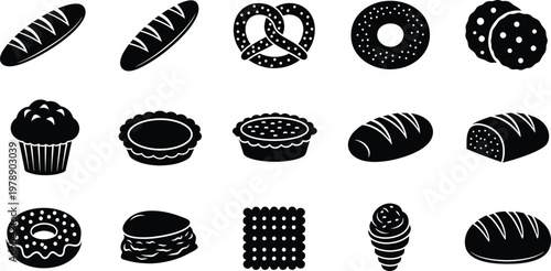 Set of black and white bakery and pastry icons featuring bread, donuts, pretzels, and muffins.