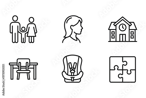Vector icons related to family school childhood development with car seat education illustration building development learning collection