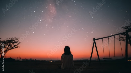 Woman is sitting on the grass in a field at night. The sky is filled with stars and the sun is setting