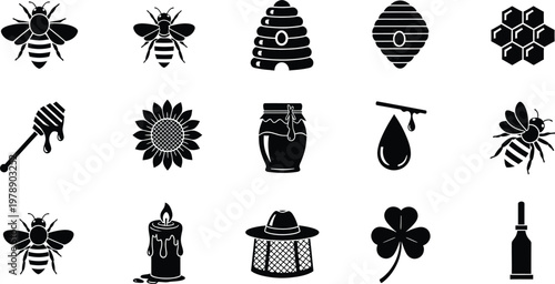 Collection of black and white beekeeping icons including bees, honeycombs, and hives.
