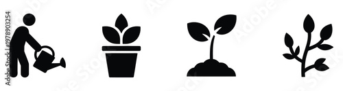 Man watering young plant growth stages in pots flat design illustration