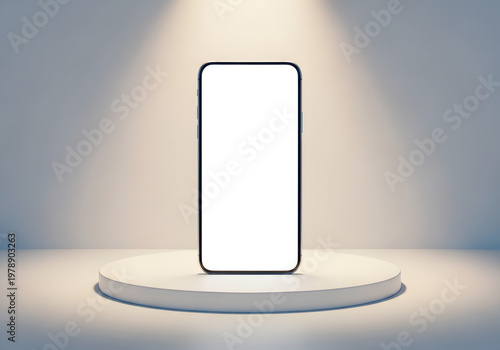 Blank smartphone screen on illuminated podium with soft spotlight for modern tech presentation
