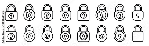 lock nucleus line icons collection and Vector icon set in a outline design.