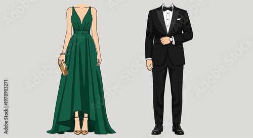 Elegant couple standing formally dressed in evening wear for luxury event concepts
