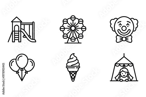 Set of icons depicting amusement park and playground elements with ferris wheel ice cream amusement playground illustration balloons collection carnival