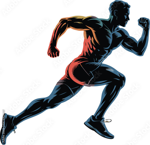 Athletic man running in dynamic motion with flexed muscles and energetic stride isolated
