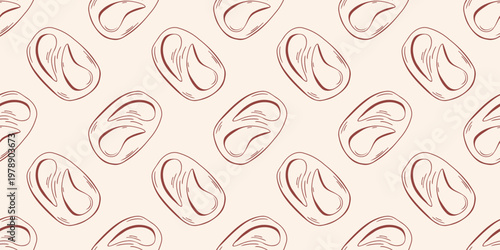 Seamless pattern with artisan oval rustic bread rolls, brown outline doodle flat retro style. Minimalist hand drawn vector illustration of baked goods for bakery, packaging, wrapping paper, on beige