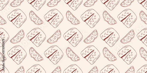 Seamless pattern with artisan bread and rustic slices, brown outline doodle flat retro style. Minimalist hand drawn vector illustration for bakery wrapping paper, packaging, beige background