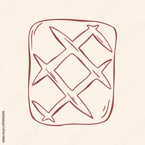 Artisan rustic square bread with diamond crust cut, brown outline doodle flat retro style. Minimalist hand drawn vector illustration of loaf for bakery menu, food branding on beige background.