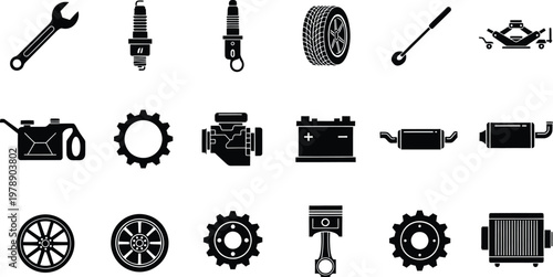 A comprehensive collection of black car parts and repair tools icons on a white background