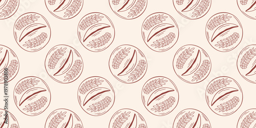 Seamless pattern with round rustic bread loaf with wheat ears decor, brown outline doodle flat retro style. Minimalist hand drawn vector illustration for bakery packaging, wrapping paper on beige