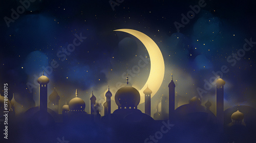 Stylized illustration of a glowing crescent moon above mosque domes and minarets under a starry night sky, symbolizing Ramadan and Islamic culture.