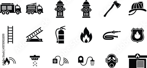 Set of black and white firefighting and  safety icons including trucks, hydrants, and gear.