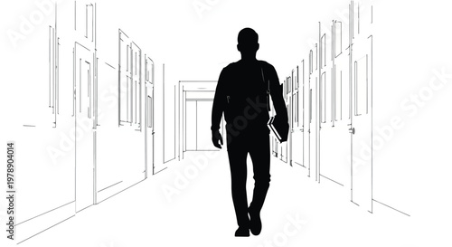 Businessman walking down office corridor with briefcase in hand, silhouette against white background, corporate professional environment