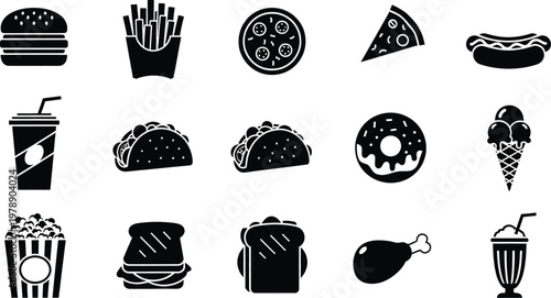 A comprehensive collection of black and white fast food icons on a white background.