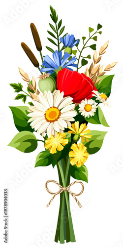 Wild flowers bouquet. Bouquet of colorful poppy, daisy, cornflower, dandelion flowers, grasses, and herbs isolated on a white background. Vector illustration