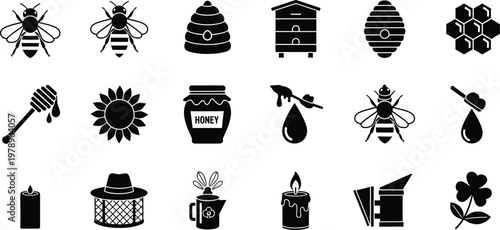 Collection of eighteen black and white icons representing beekeeping and honey production.