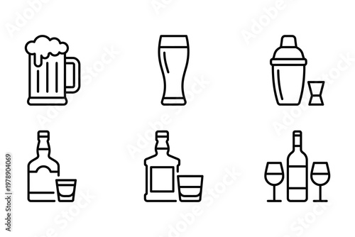 Alcoholic drinks line icons set vector illustration line art shot glass cocktail beverage illustration collection minimalist mixology glassware