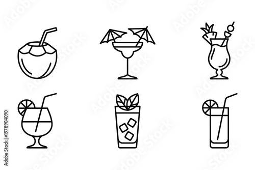 Cocktail drinks line icons set vector illustration line art mixed drink cocktail umbrella beverage illustration collection minimalist tropical