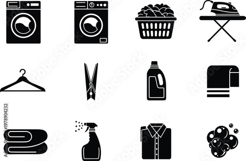 Set of twelve black laundry icons featuring washing machines iron and basket on white background