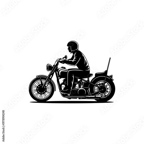 A black and white vector silhouette of a person riding a cruiser motorcycle. This clean, dynamic graphic is perfect for biker clubs, transportation, and gear branding.