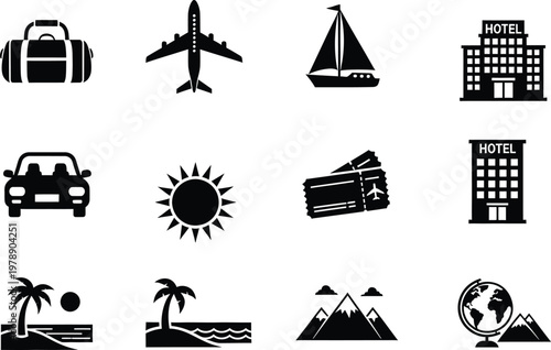 Collection of travel and vacation icons including airplane car hotel tickets and tropical landscapes