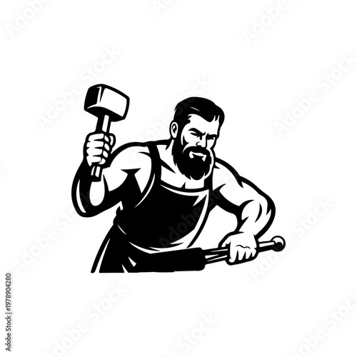 A black and white vector silhouette of a blacksmith working at an anvil with a hammer. A strong, traditional design perfect for metalwork and craft branding.