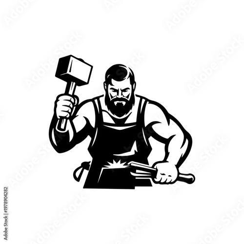 A black and white vector silhouette of a blacksmith working at an anvil with a hammer. A strong, traditional design perfect for metalwork and craft branding.
