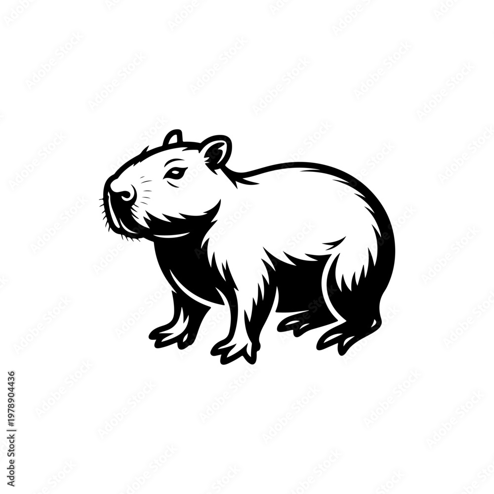 Obraz premium A black and white vector silhouette of a capybara. This clean, minimalist graphic is perfect for nature-themed designs, wildlife branding, and animal illustrations.