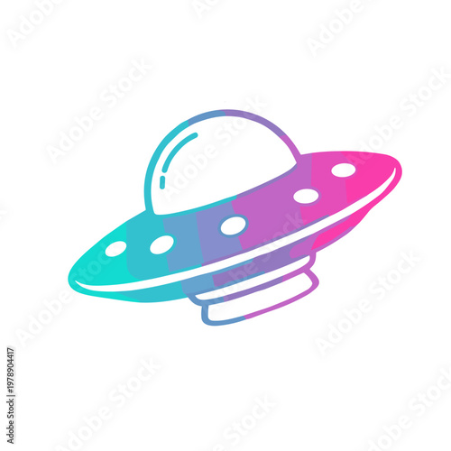 A vibrant gradient outline UFO icon with cyan, pink, and purple colors. This modern vector graphic represents space exploration and science fiction, isolated with copy space.