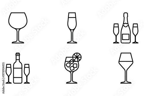 Wine and spirits glassware line icons set vector illustration line art champagne beverage cocktail illustration collection minimalist celebration