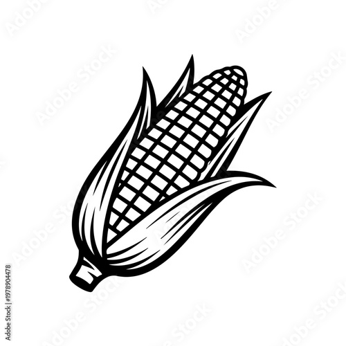A black and white vector illustration of an ear of corn with husks. A simple, clean design ideal for agricultural, food, or farm-to-table branding and logos.