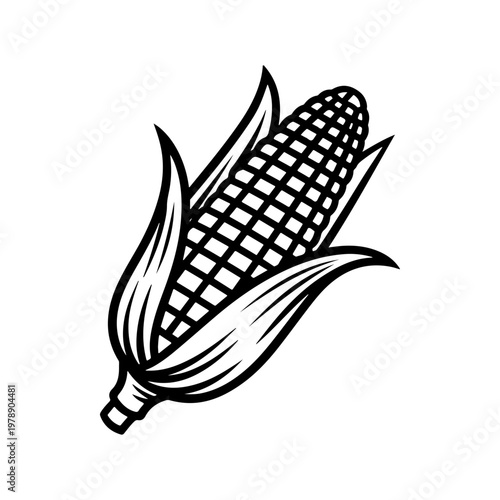 A black and white vector illustration of an ear of corn with husks. A simple, clean design ideal for agricultural, food, or farm-to-table branding and logos.