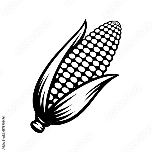 A black and white vector illustration of an ear of corn with husks. A simple, clean design ideal for agricultural, food, or farm-to-table branding and logos.