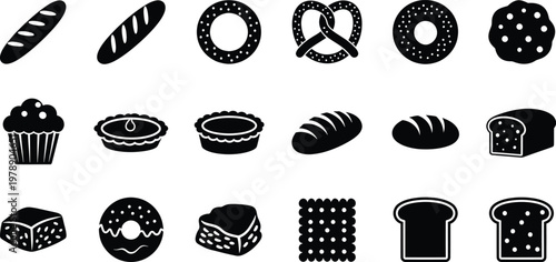 Collection of black and white bakery and bread icons for graphic design projects