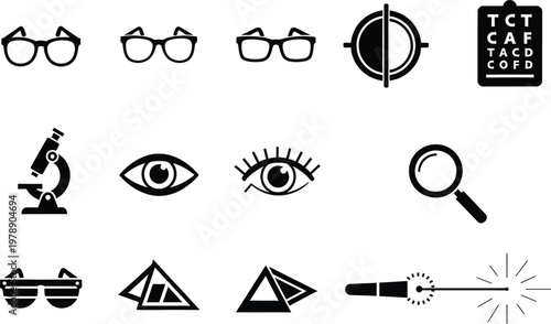 Set of fourteen black and white icons representing optometry, vision care, and optical science