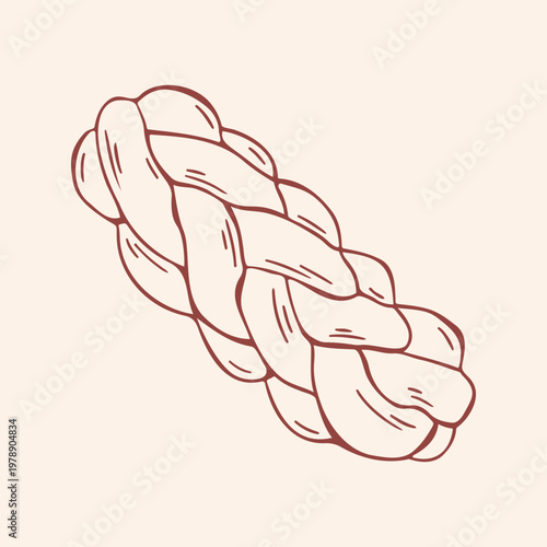 Fresh braided bread loaf, brown outline doodle flat retro style. Minimalist hand drawn vector illustration of challah for traditional bakery menu, cooking blog, food design on beige background.