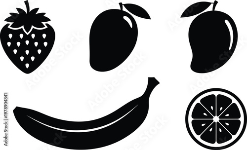 Tropical fruit silhouette icons bundle mango strawberry banana orange vector set