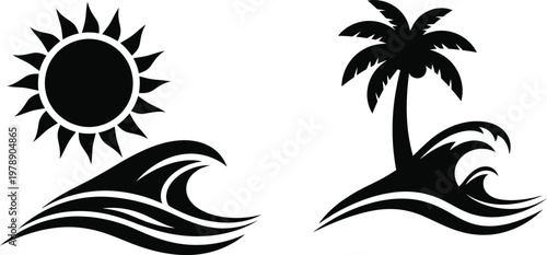 Tropical summer icons sun palm tree waves black silhouette vector bundle