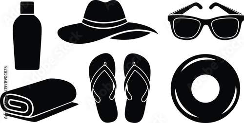 Summer vacation silhouette icon set beach essentials vector bundle