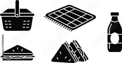 Picnic icon set basket sandwich drink minimalist glyph vector bundle