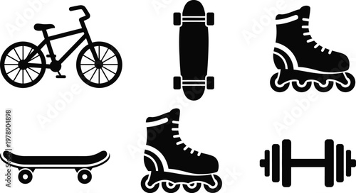 Extreme sports glyph icons skateboarding cycling rollerblading fitness vector bundle