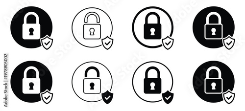 Security lock icons set, shield with lock and check mark symbols, cyber defence protection graphics, secure access emblem, data privacy icons, authentication and safety elements