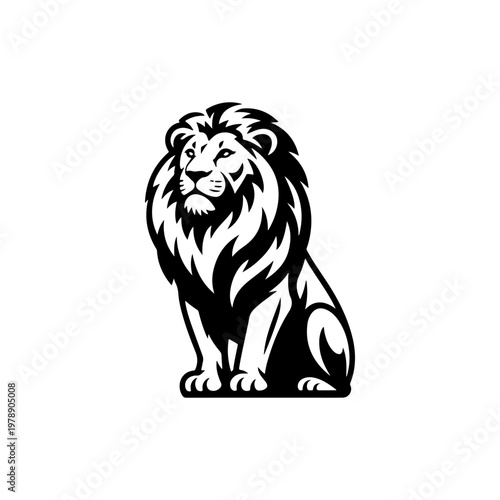 A black and white vector silhouette of a majestic lion sitting in a frontal pose. This powerful and iconic design is ideal for sports branding and emblems.