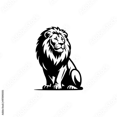 A black and white vector silhouette of a majestic lion sitting in a frontal pose. This powerful and iconic design is ideal for sports branding and emblems.