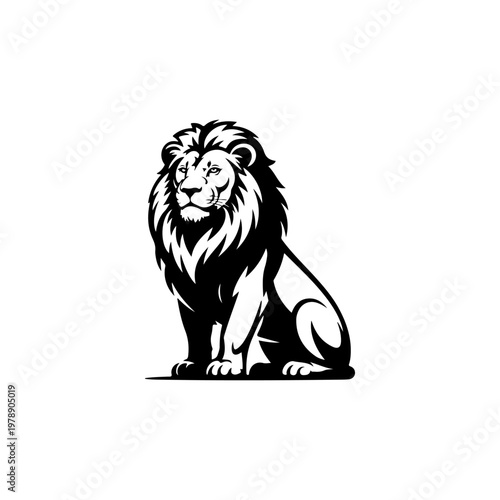 A black and white vector silhouette of a majestic lion sitting in a frontal pose. This powerful and iconic design is ideal for sports branding and emblems.