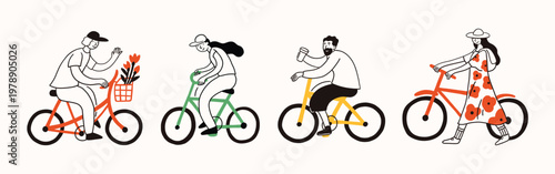 Different people riding bicycle. Female and male in various positions. Funny simple doodle style. Cyclists in movement set. Ride, cycling, bicycle, sport concept. Hand drawn modern Vector illustration