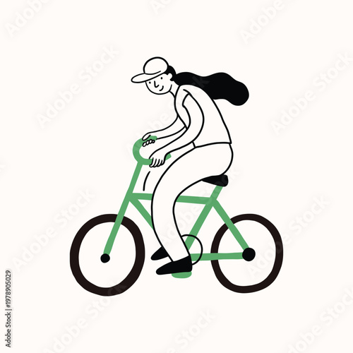 Young woman riding bicycle. Simple green bicycle. Funny simple doodle style. Cyclist in movement. Ride, cycling, bicycle, sport concept. Hand drawn modern Vector illustration. Isolated. 