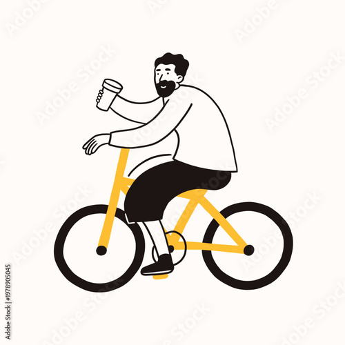 Young man riding bicycle. Holding coffe in his hand. Funny simple doodle style. Cyclist in movement. Ride, cycling, bicycle, sport concept. Hand drawn modern Vector illustration. Isolated. 