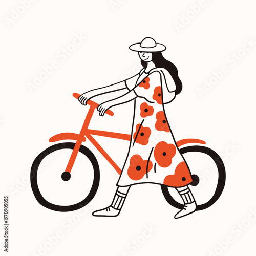 Young woman in hat transporting a bicycle, carry a bike. Dress with flowers.. Funny simple doodle style. Cyclist in movement. Ride, cycling, bicycle, sport concept. Hand drawn modern vector